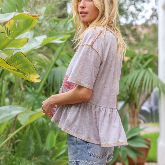 HEM & THREAD Boho Patchwork Peplum Tee | Mixed Fabric V-Neck Top - Picture 6 of 9